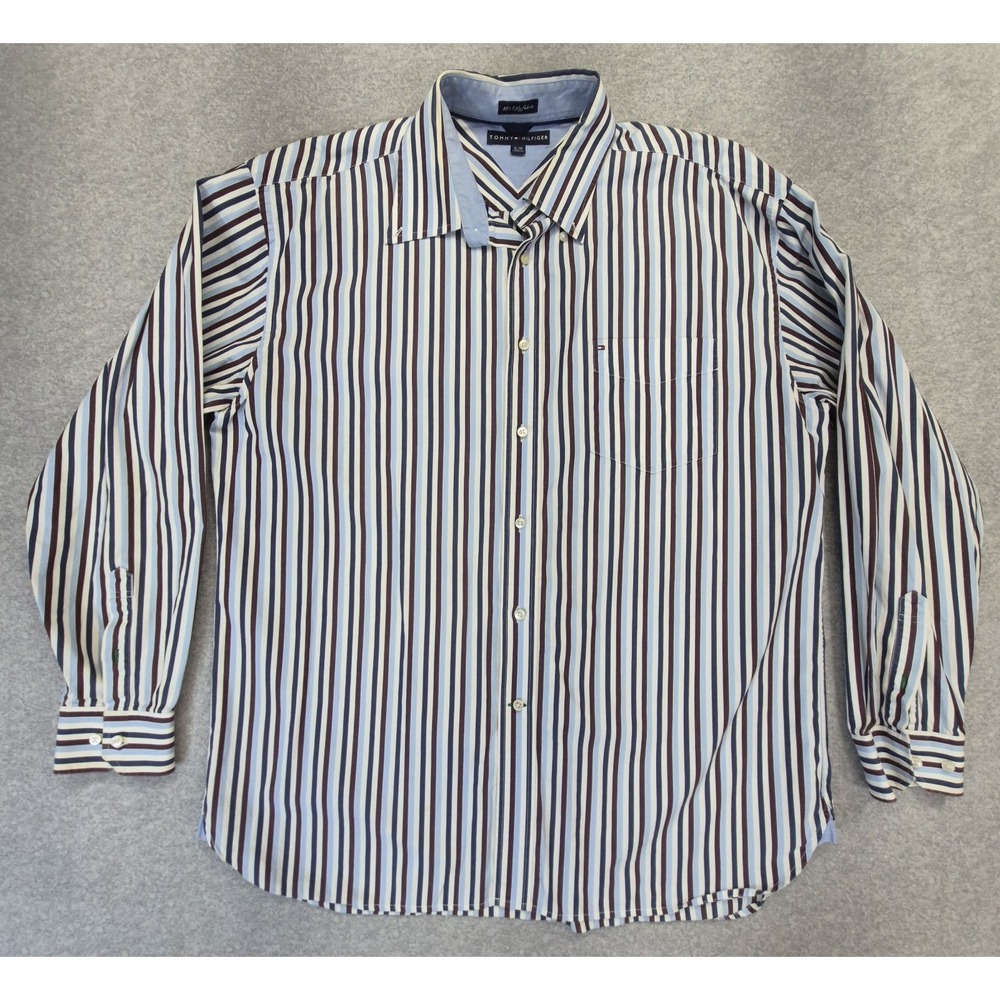 Tommy Hilfiger Shirt Men XL 80s 2-Ply Striped Button Up Long Sleeve Coastal Prep